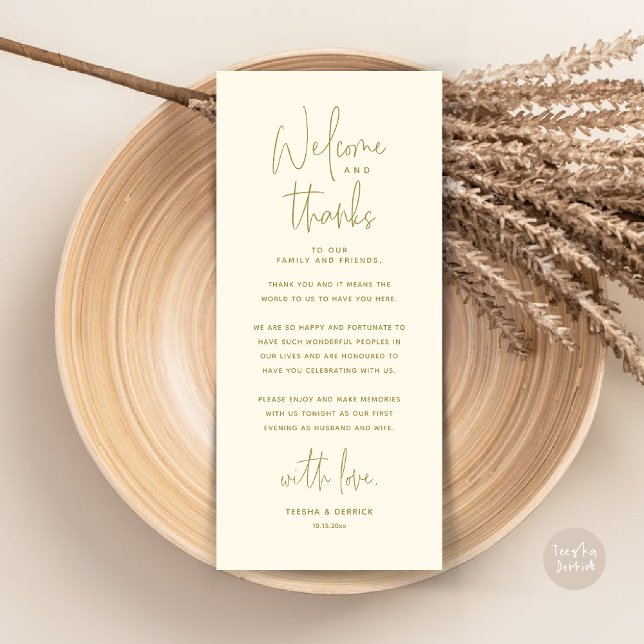 Welcome and Thanks, Place Setting Thank You Card (Wedding Dinner Place Setting Thank You Card, Modern Minimalist, in Retro Yellow Gold)