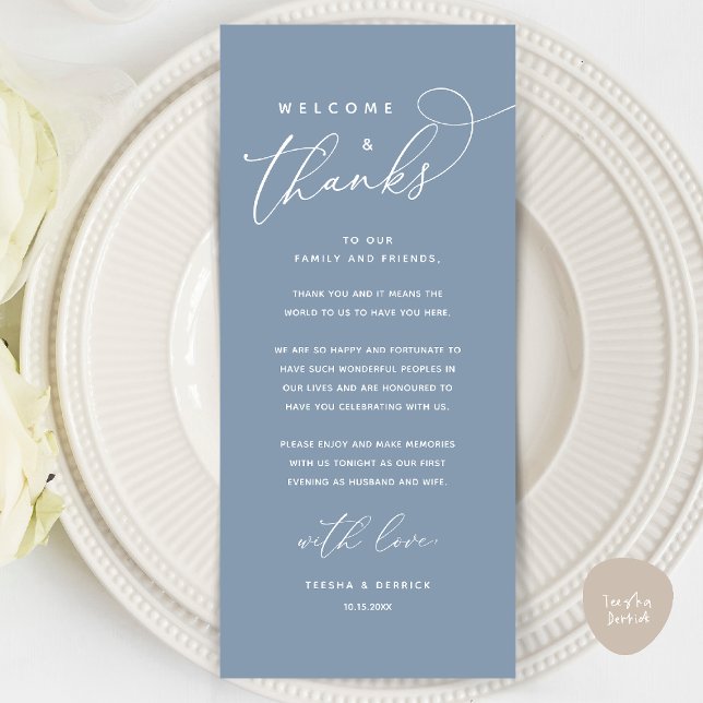 Welcome and Thanks, Place Setting Thank You Card (Welcome and Thanks, Wedding Dinner Place Setting Thank You Card in Classy Dusty Blue)