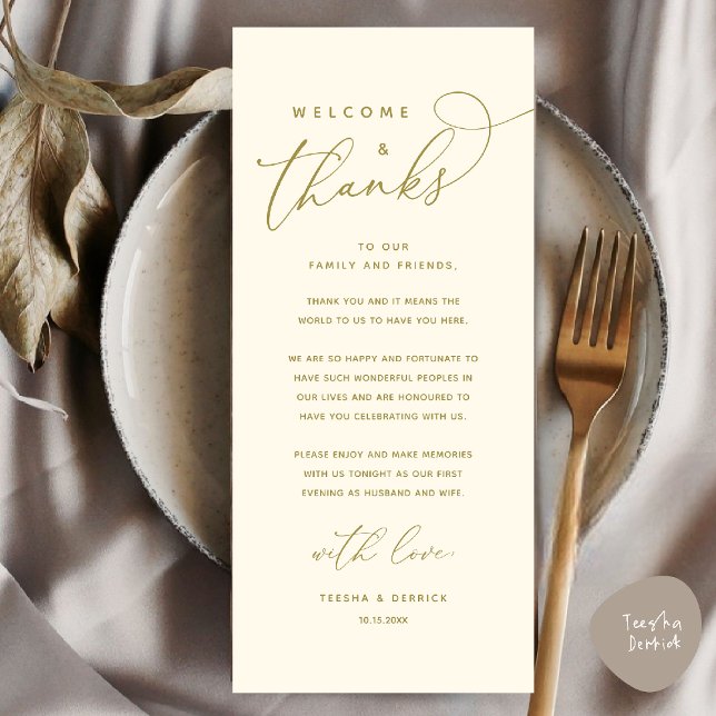 Welcome and Thanks, Place Setting Thank You Card (Welcome and Thanks, Wedding Dinner Place Setting Thank You Card in Yellow Gold)