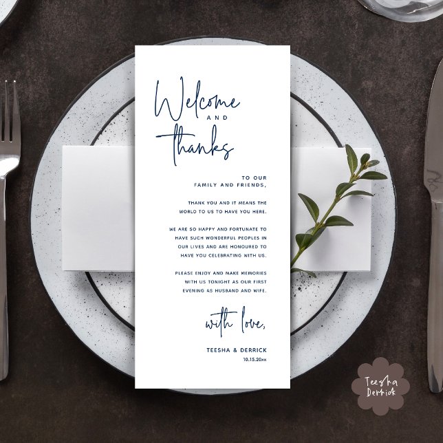 Welcome and Thanks, Place Setting Thank You Card (Welcome and Thanks, Modern Wedding Dinner Brunch Lunch Place Setting Thank You Card in Navy Blue)