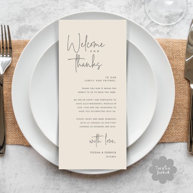 Welcome and Thanks, Place Setting Thank You Card (Welcome and Thanks, Modern Wedding Dinner Brunch Lunch Place Setting Thank You Card in Cream Grey)