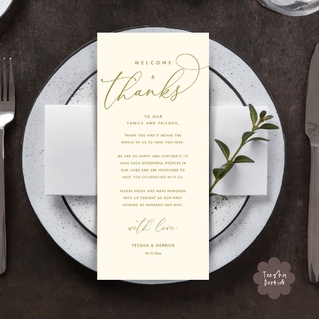 Welcome and Thanks, Place Setting Thank You Card (Welcome and Thanks, Modern Wedding Dinner Brunch Lunch Place Setting Thank You Card in Yellow Gold)