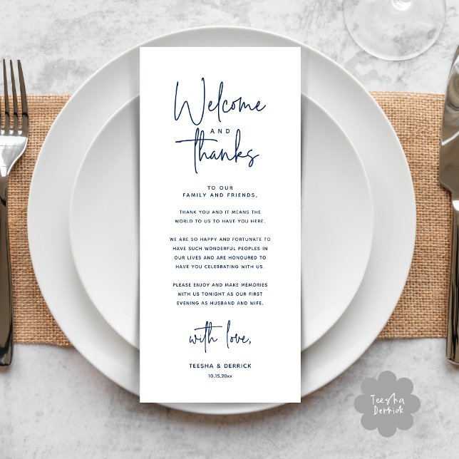 Welcome and Thanks, Place Setting Thank You Card (Welcome and Thanks, Modern Wedding Dinner Brunch Lunch Place Setting Thank You Card in Navy Blue)