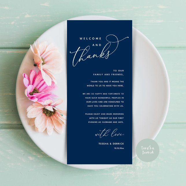 Welcome and Thanks, Place Setting Thank You Card (Welcome and Thanks, Modern Wedding Dinner Brunch Lunch Place Setting Thank You Card in Navy Blue)