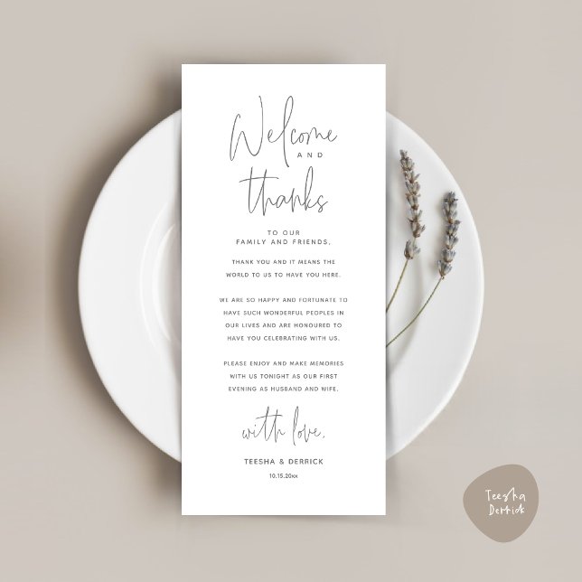 Welcome and Thanks, Place Setting Thank You Card (Welcome and Thanks, Wedding Dinner Place Setting Thank You Card, in Classy Dark Grey)