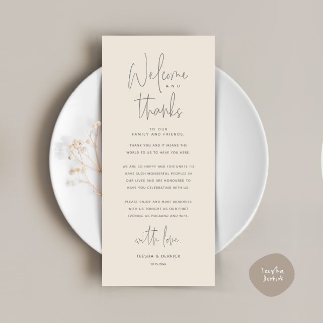Welcome and Thanks, Place Setting Thank You Card (Welcome and Thanks, Wedding Dinner Place Setting Thank You Card, in Classy Cream Grey)