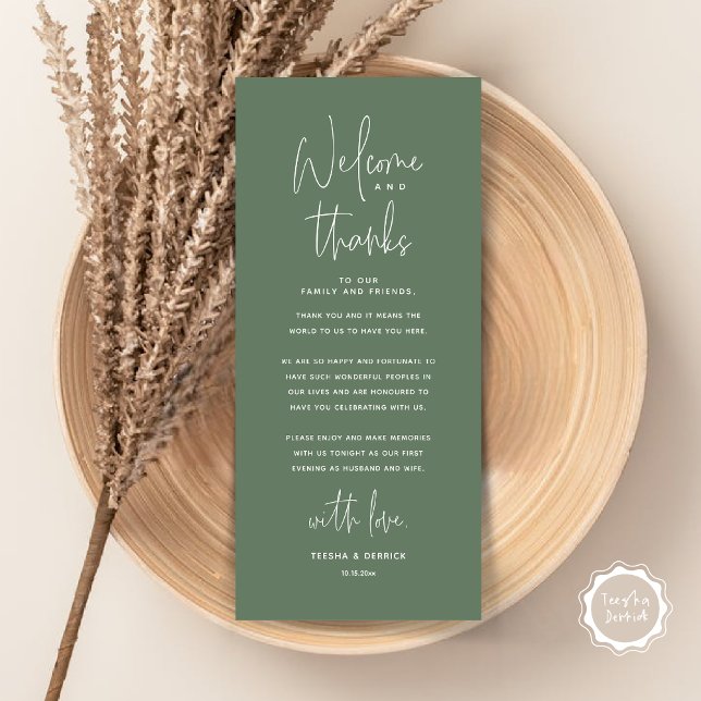 Welcome and Thanks, Place Setting Thank You Card (Welcome and Thanks, Wedding Dinner Place Setting Thank You Card, in Classy Greenery sage Forest)