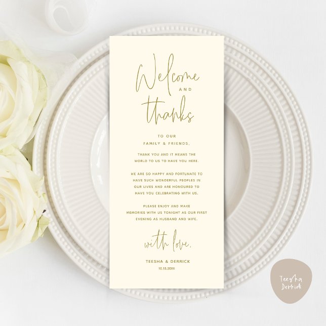 Welcome and Thanks, Place Setting Thank You Card (Welcome and Thanks, Wedding Dinner Place Setting Thank You Card in Yellow Gold)