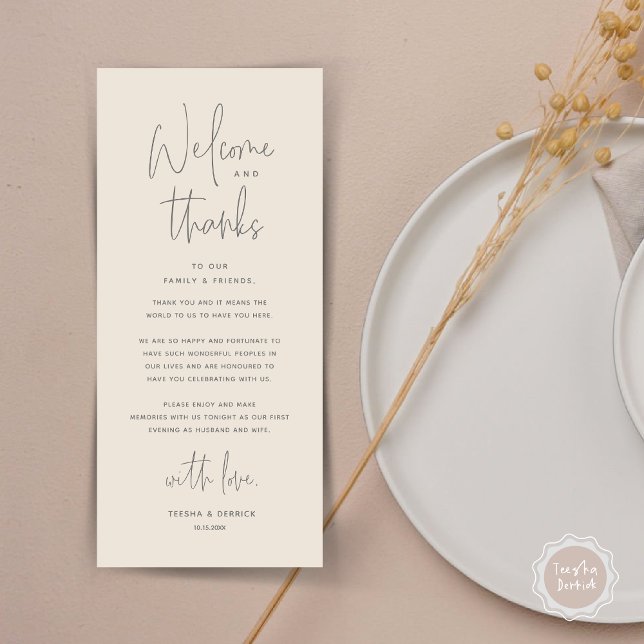 Welcome and Thanks, Place Setting Thank You Card (Welcome and Thanks, Wedding Dinner Place Setting Thank You Card in Dark Grey Cream)