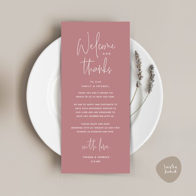 Welcome and Thanks, Place Setting Thank You Card (Welcome and Thanks, Wedding Dinner Place Setting Thank You Card in Retro Dusty Rose Pink)
