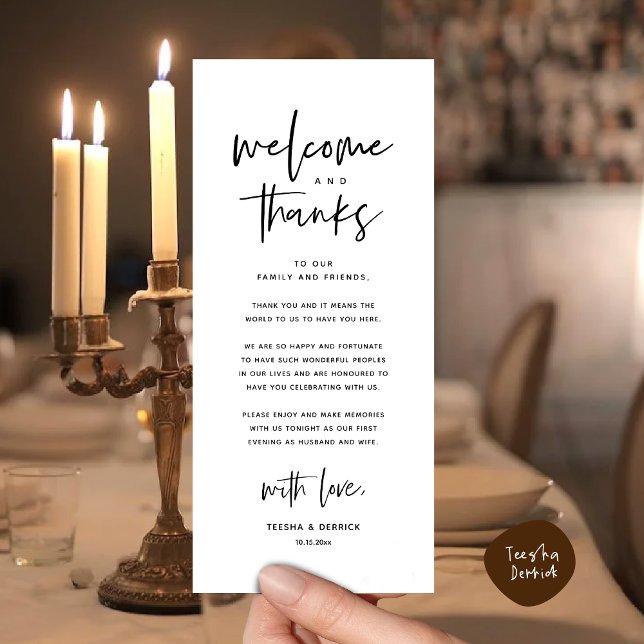 Welcome and Thanks, Place Setting Thank You Card (Welcome and Thanks, Modern Wedding Dinner Brunch Party Place Setting Thank You Card White Black)