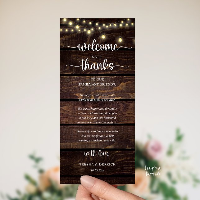 "Welcome and Thanks" Rustic Reception Guest Card ("Welcome and Thanks" Rustic Reception dinner Guest thank you Card in string lights brown wood)