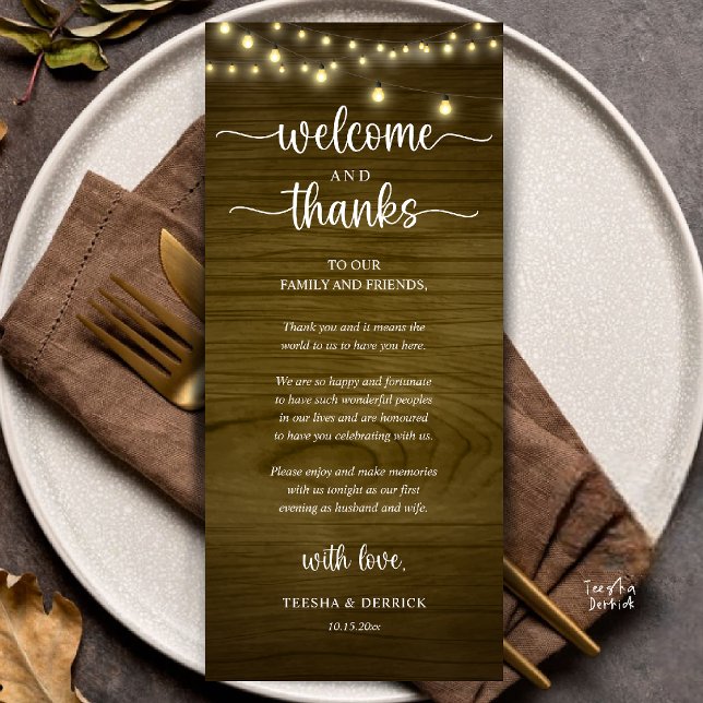 "Welcome and Thanks" Rustic Reception Guest Card ("Welcome and Thanks" Rustic Reception dinner Guest thank you Card in string lights brown wood)