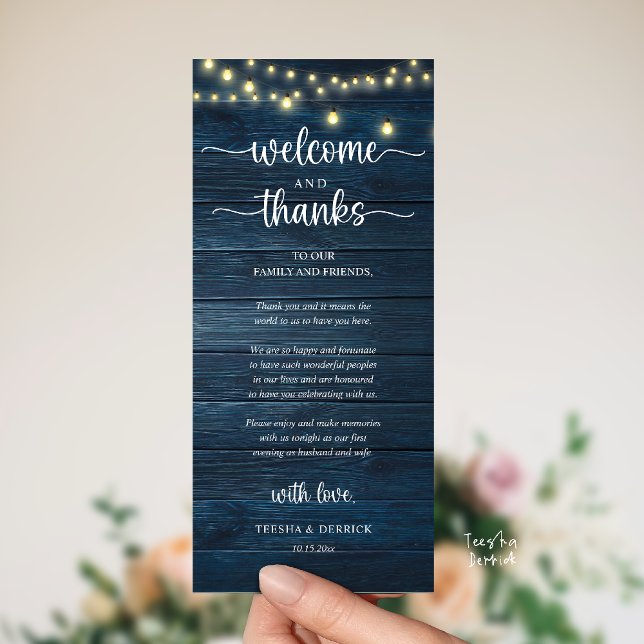 "Welcome and Thanks" Rustic Reception Guest Card ("Welcome and Thanks" Rustic Reception dinner Guest thank you Card in string lights navy blue wood)