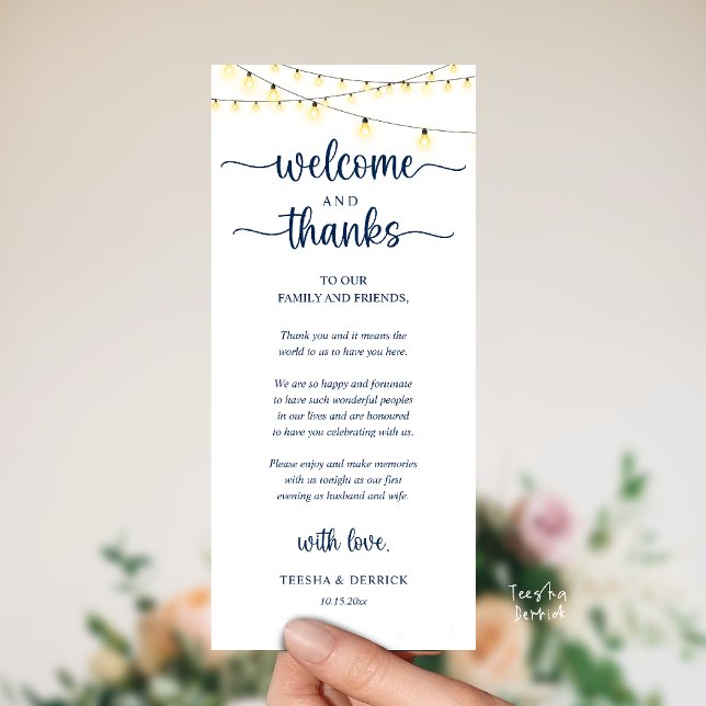 "Welcome and Thanks" Rustic Reception Guest Card ("Welcome and Thanks" Rustic Reception dinner Guest thank you Card in string lights navy blue)