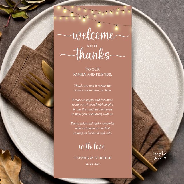 "Welcome and Thanks" Rustic Reception Guest Card ("Welcome and Thanks" Rustic Reception dinner Guest thank you Card in string lights terracotta earthy)