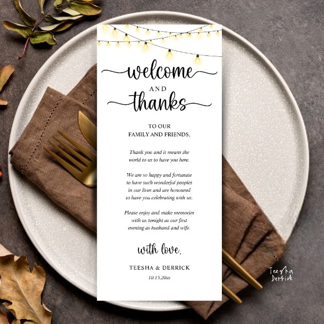 "Welcome and Thanks" Rustic Reception Guest Card ("Welcome and Thanks" Rustic Reception dinner Guest thank you Card in string lights black and white)