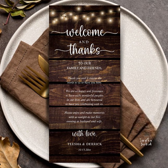 "Welcome and Thanks" Rustic Reception Guest Card ("Welcome and Thanks" Rustic Reception dinner Guest thank you Card in string lights brown wood)