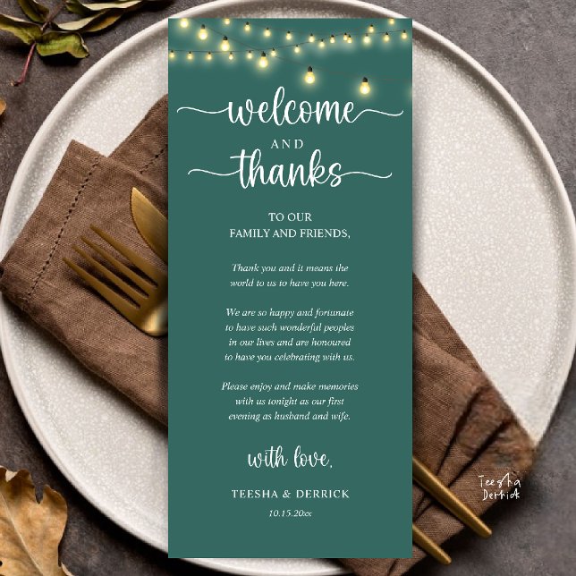 "Welcome and Thanks" Rustic Reception Guest Card ("Welcome and Thanks" Rustic Reception dinner Guest thank you Card in string lights teal green)