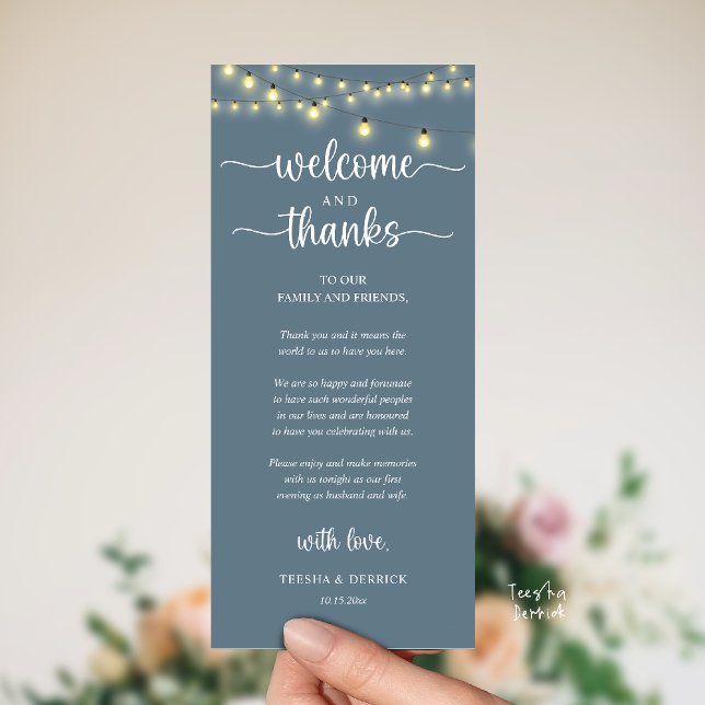 "Welcome and Thanks" Rustic Reception Guest Card ("Welcome and Thanks" Rustic Reception dinner Guest thank you Card in string lights dusty blue)