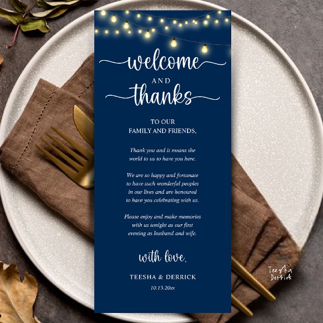 "Welcome and Thanks" Rustic Reception Guest Card ("Welcome and Thanks" Rustic Reception dinner Guest thank you Card in string lights navy blue)