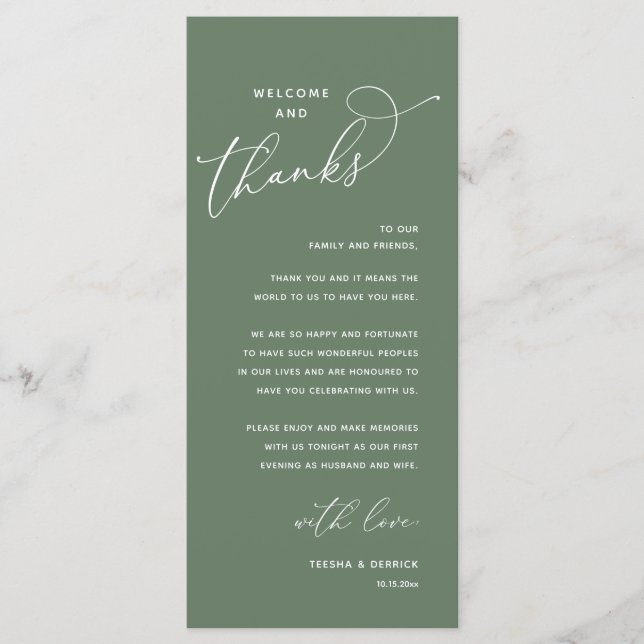 Welcome and Thanks, Wedding Dinner Thank You Card (Front)