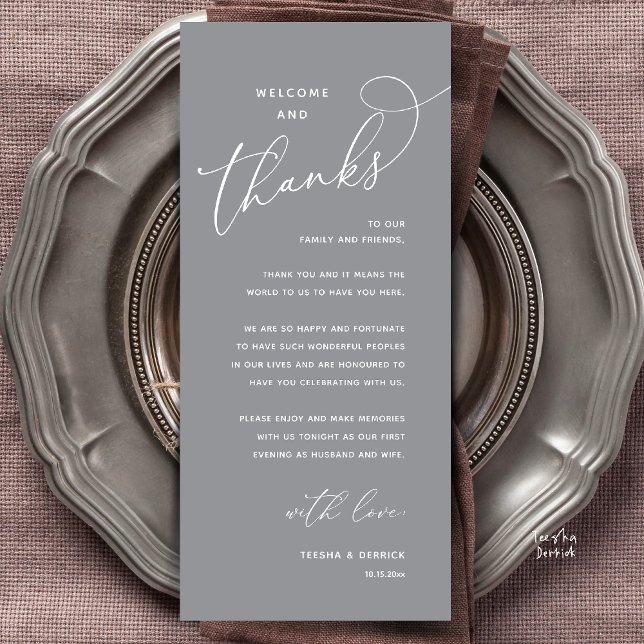 Welcome and Thanks, Wedding Dinner Thank You Card (Welcome and Thanks, Happily Ever After Modern Wedding Dinner Thank You Card in Classy Dark Grey)