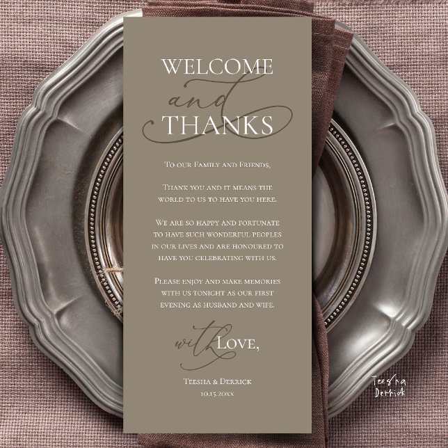 Welcome and Thanks, Wedding Dinner Thank You Card (Welcome and Thanks, Wedding Dinner Thank You Card in Taupe Brown)