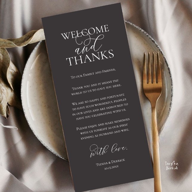 Welcome and Thanks Wedding Dinner Thank You Card (Welcome and Thanks Wedding Reception Dinner Thank You Card in Charcoal Grey)