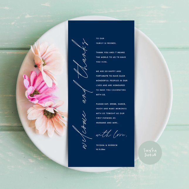 Welcome and Thanks Wedding Dinner Thank You Card (Welcome and Thanks, Wedding Dinner Place Setting Thank You Card in Modern Classy Navy Blue)