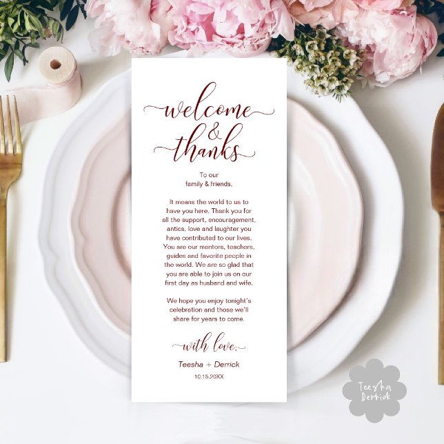 Welcome and Thanks Wedding Place Setting Card (Modern Wedding Dinner Brunch Lunch Table Place Setting Thank You Card in Classy Burgundy Red)