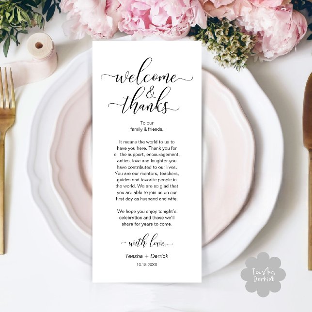 Welcome and Thanks Wedding Place Setting Card (Modern Wedding Dinner Brunch Lunch Table Place Setting Thank You Card in Classy Black White)