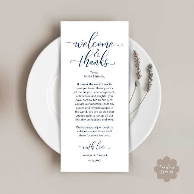 Welcome and Thanks Wedding Place Setting Card (Modern Wedding Dinner Brunch Lunch Table Place Setting Thank You Card in Classy Navy Blue)