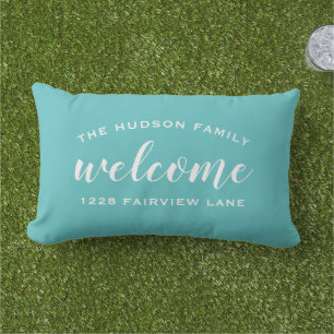 Welcome Aqua Blue Personalised Family Name Address Lumbar Cushion