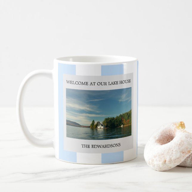 Welcome at your lake house family name photo coffee mug (With Donut)