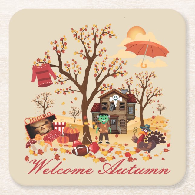 Welcome Autumn Fall Elements and Scenery Square Paper Coaster (Front)