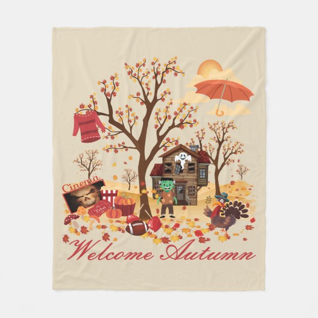 Welcome Autumn Fall Scenery Fleece Blanket (Front)