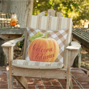Welcome Autumn Harvest Pumpkin On Gingham Cushion