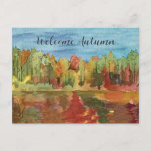 Welcome Autumn Lake Fall Trees Watercolor Painting Holiday Postcard