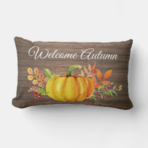 Welcome Autumn Rustic Watercolor Pumpkin Lumbar Cushion