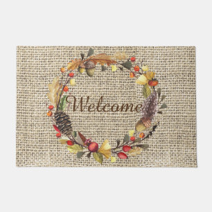 Welcome autumn wreath on burlap look doormat