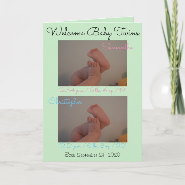 Welcome Babies Boy Girl Twins Birth Stats Card (Front)