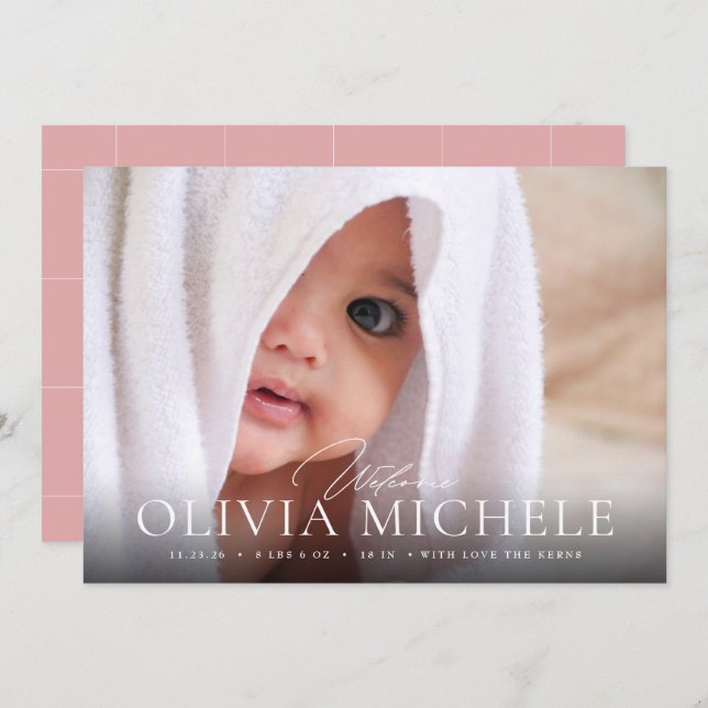 Welcome Baby Birth Photo Announcement Boy Girl  (Front/Back)