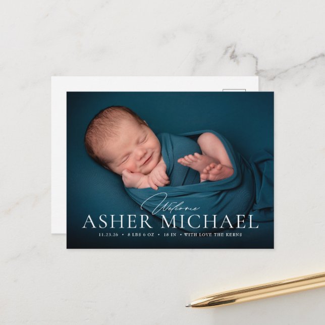 Welcome Baby Birth Photo Announcement Postcard Boy (Front/Back In Situ)