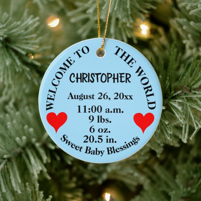 Welcome Baby Blue Rattle Birth Stats Name Ceramic Ornament (Tree)