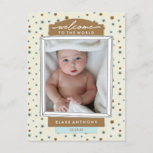 Welcome Baby Boy Birth Announcement Blue Stars Postcard