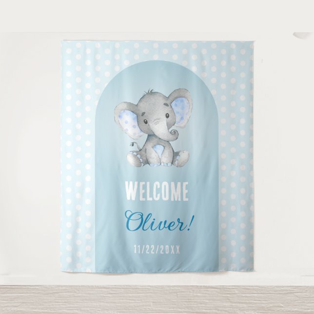 Welcome Baby Boy Blue Elephant Photo Backdrop Tapestry (Front)