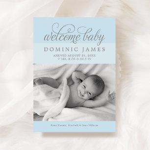 Welcome Baby Boy Elegant Light Blue Photo Birth Announcement