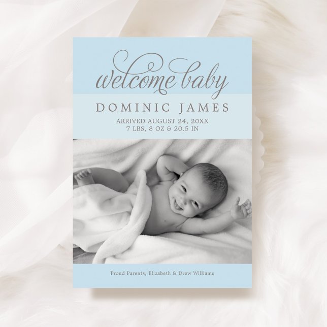 Welcome Baby Boy Elegant Light Blue Photo Birth Announcement (Creator Uploaded)