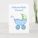 Welcome Baby Boy Name Personalised Blue Buggy Card<br><div class="desc">Say congratulations and welcome a new baby boy with this cute name personalised card. This trendy greeting card features a blue baby buggy with the customisable words "Welcome Baby" and the name on the front. A row of blue flowers is on the inside left side of the card with the...</div>